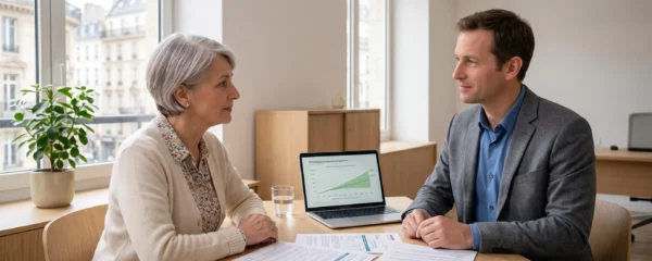 Conseiller mutualiste en entretien personnalisé avec une cliente senior dans un bureau d'agence, documents retraite et ordinateur portable sur le bureau, lumière naturelle, ambiance professionnelle rassurante