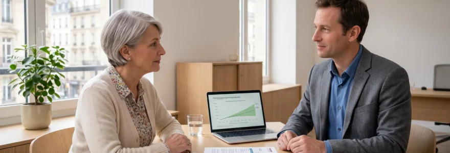 Conseiller mutualiste en entretien personnalisé avec une cliente senior dans un bureau d'agence, documents retraite et ordinateur portable sur le bureau, lumière naturelle, ambiance professionnelle rassurante