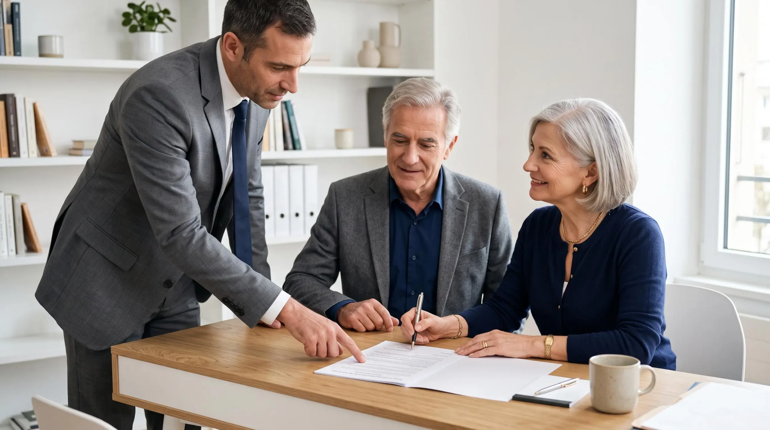 Couple de seniors signant un contrat d'épargne retraite avec leur conseiller mutualiste dans un bureau d'agence, geste de signature et document contractuel en français visible
