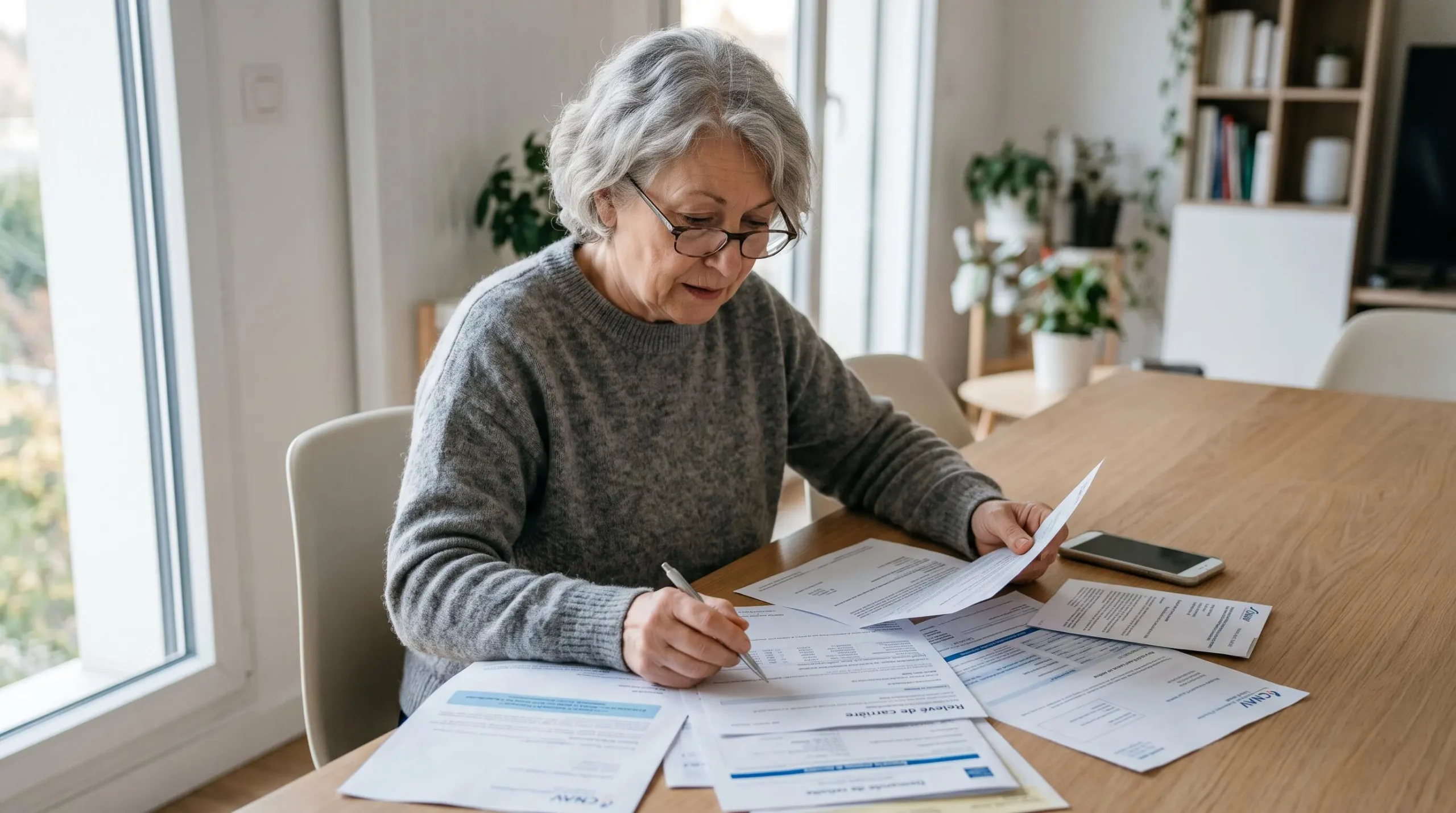Femme senior consultant des documents administratifs de retraite et pension de réversion à son domicile, avec smartphone et relevés CNAV étalés sur la table